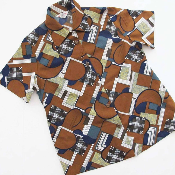 1970s Brown Navy Blue Collared Short Sleeve Button Up - Picture 1 of 4